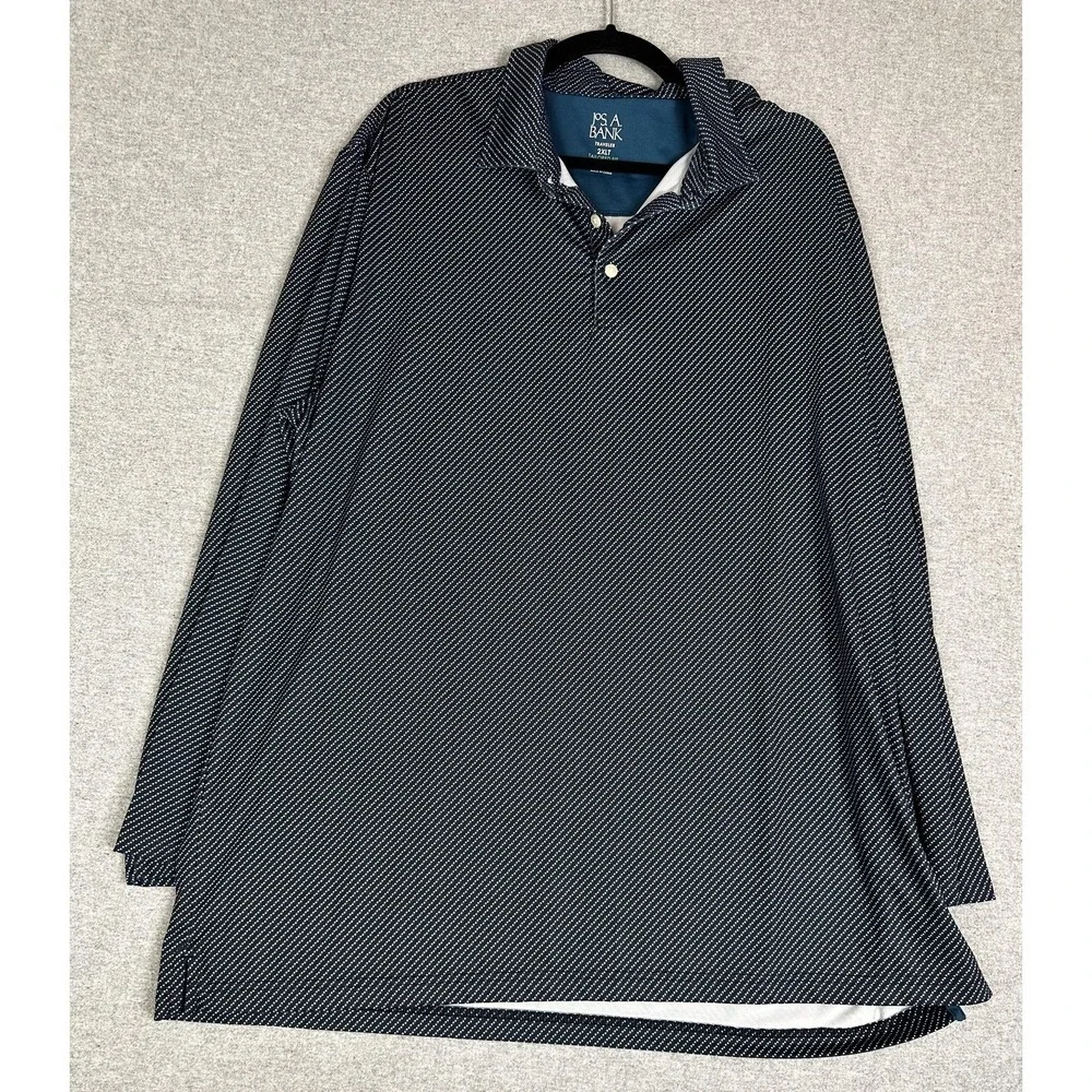 Jos A Bank Traveler Polo Shirt Mens 2XLT Navy Blue Long Sleeve Stretch Dot Print